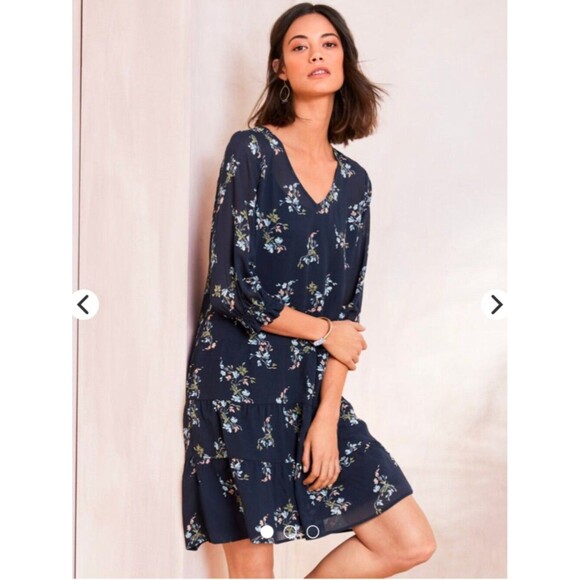 Garnet Hill Dresses & Skirts - Garnet Hill | Floral Tiered Silk Dress | Size 14 | Navy Blue Multicolor Print